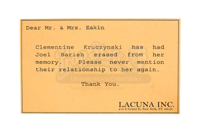 Lot #62 - Eternal Sunshine Of The Spotless Mind - Clementine's (Kate Winslet) Mind Erase Notice Card