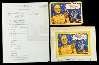 Lot # 157: Hand-Painted C-3PO and R2-D2 Original Postcard Artwork with Development Notes