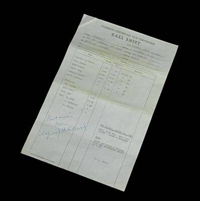 LIFEBOAT (1944) - Alfred Hitchcock Autographed Call Sheet