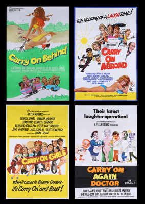 Lot #92 - CARRY ON AGAIN DOCTOR (1969), CARRY ON ABROAD (1972), CARRY ON GIRLS (1973), CARRY ON BEHIND (1975) - Four UK One-Sheets, 1969, 1972, 1973, 1975