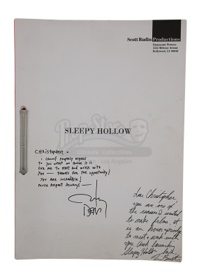 Lot #617 - SLEEPY HOLLOW (1999) - Sir Christopher Lee's Personal Filming Script Autographed by Johnny Depp and Tim Burton