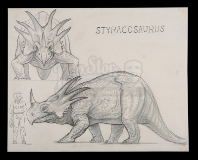 Lot #862 - THE VALLEY OF GWANGI (1969) - Ray Harryhausen Hand-drawn Styracosaurus Scale Comparison