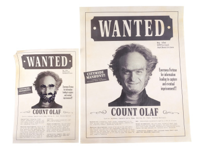 Lot # 56: Netflix's A Series of Unfortunate Events (TV Series) - Count Olaf's Wanted Posters - Clean and Drawn with Beard and Brows